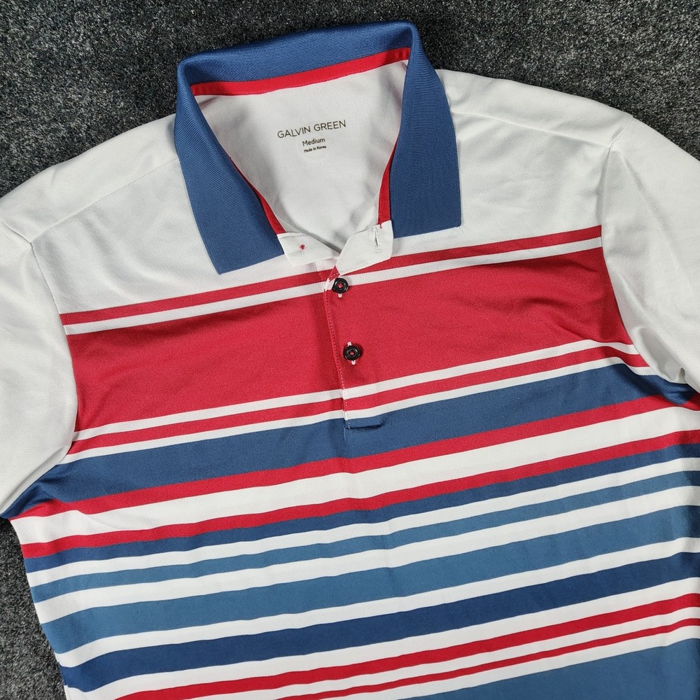 Galvin Green Polo Shirt Mens M Blue Red White Striped Golf Performance Stretch
